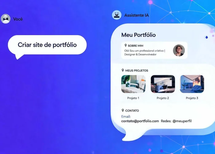Interface de um chat de inteligência artificial, onde um usuário digita "Criar um site de portfólio" e o assistente virtual responde com um layout completo em segundos.